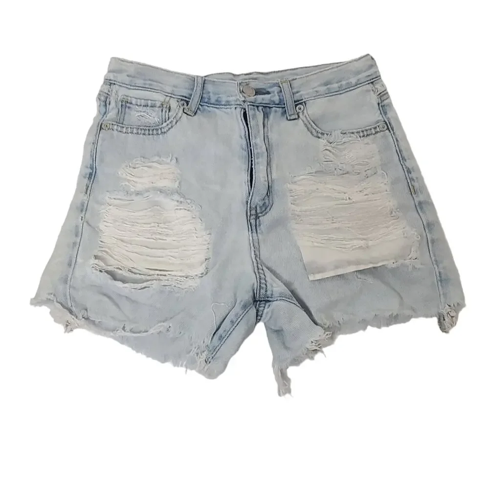 American Eagle Jean Shorts Women SZ 0 Mom Denim Blue Distressed Cut Off Festival